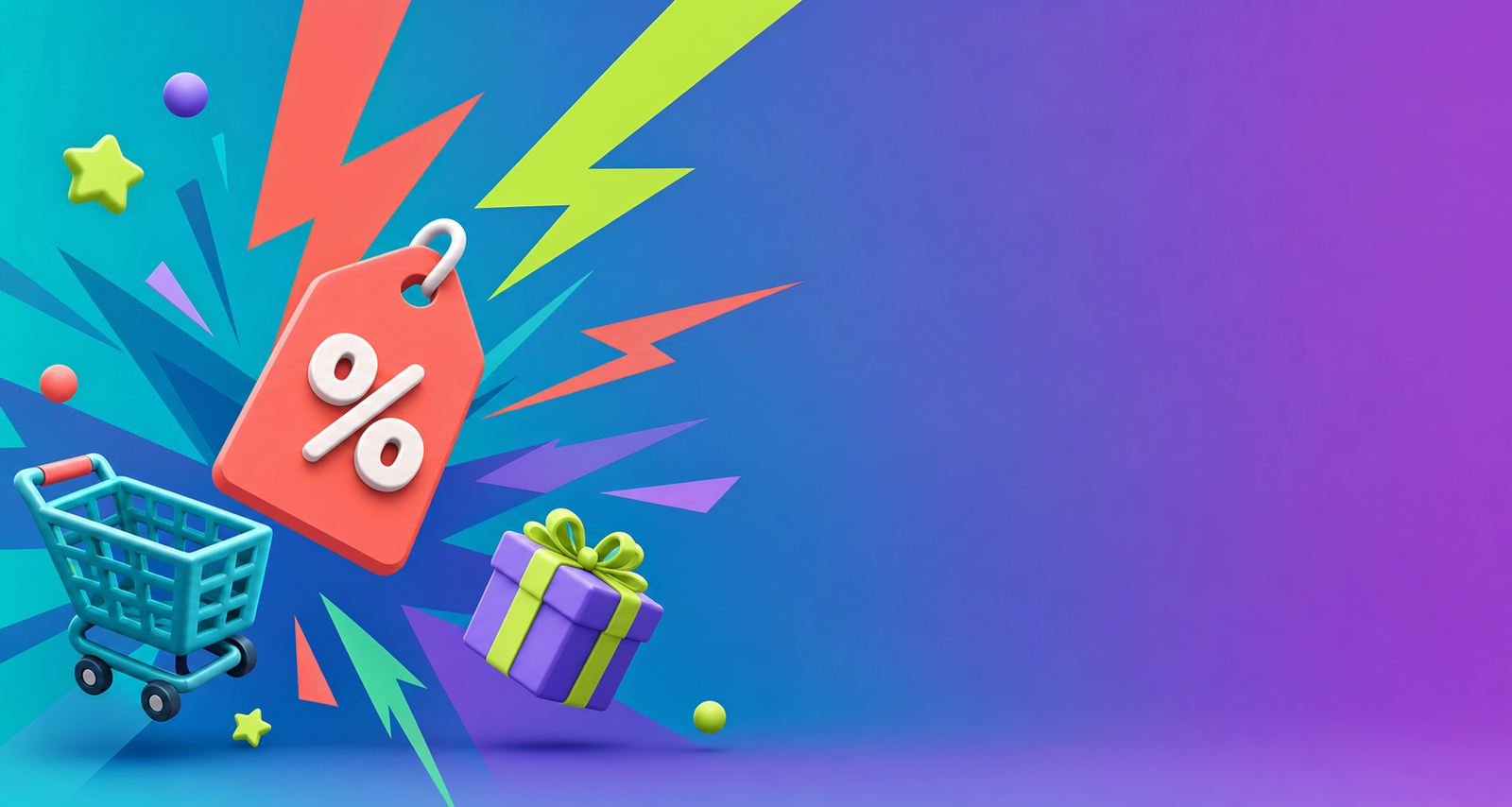 Colorful lightning bolts, a percentage discount tag, shopping cart and gift box on a teal to violet gradient background