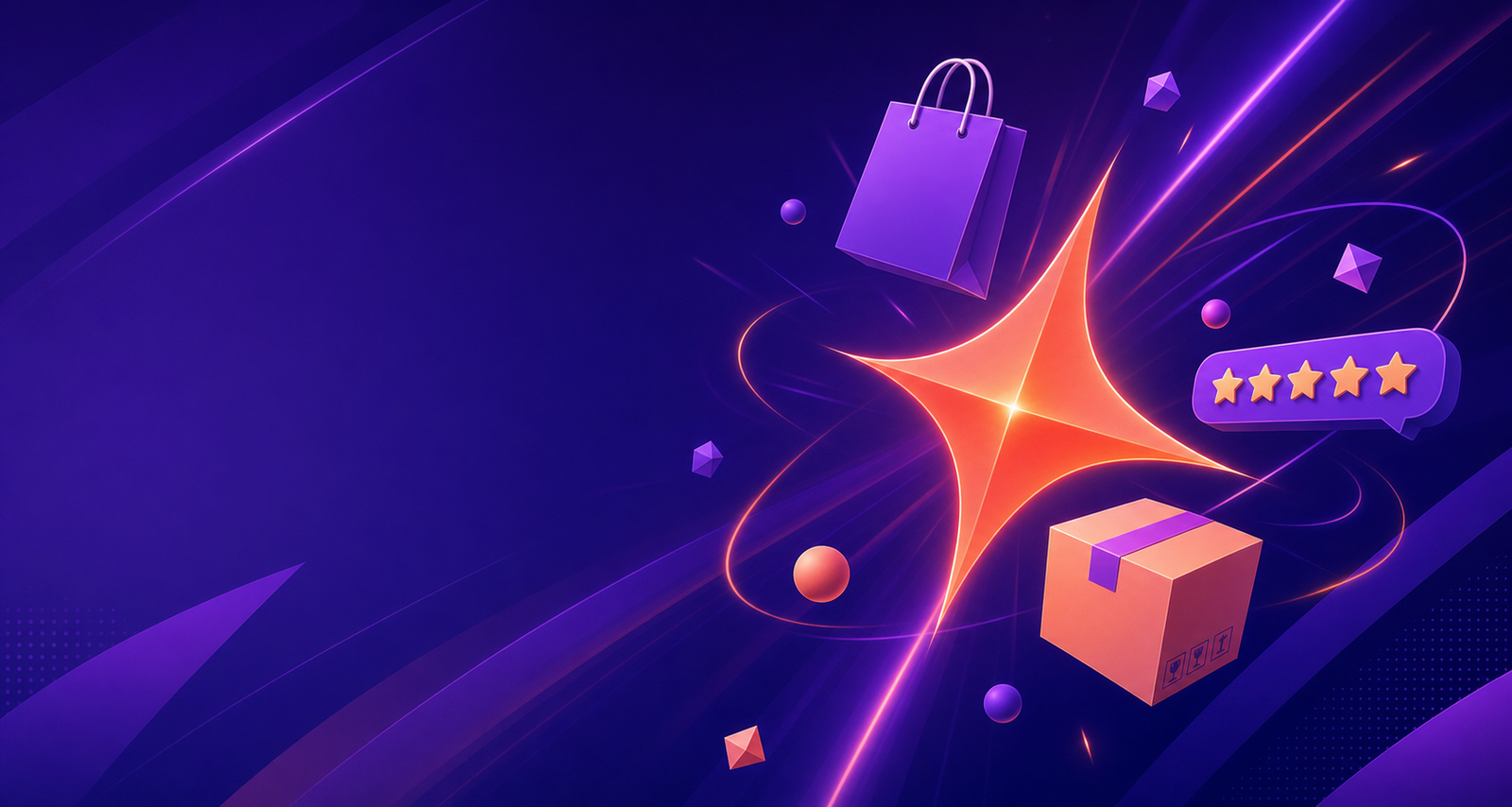 Glowing spark icon surrounded by a shopping bag, delivery box and star rating badge on a violet gradient background