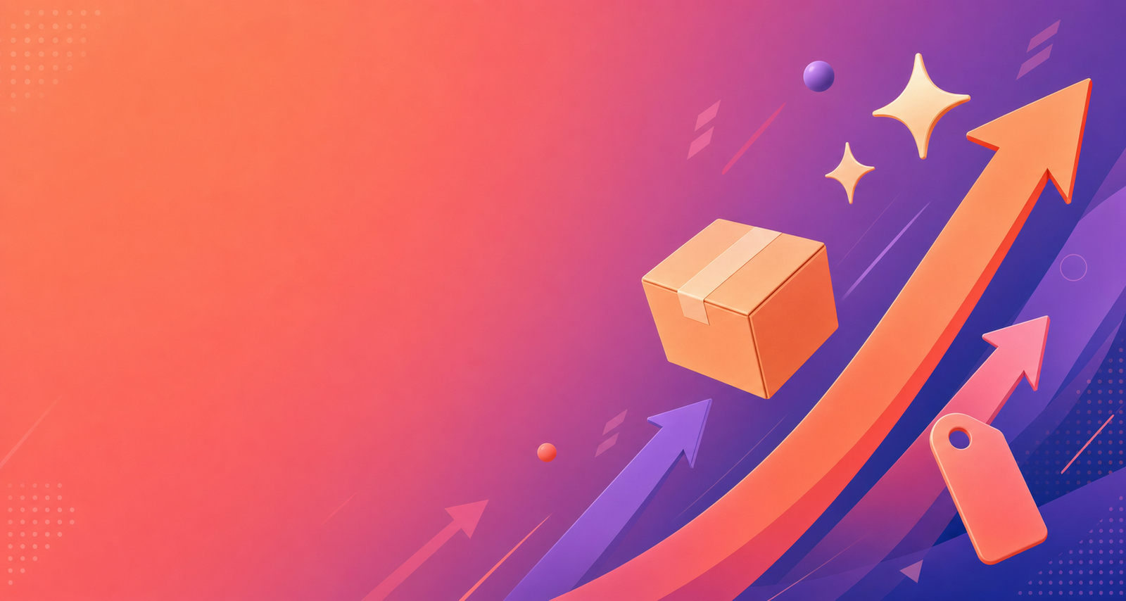 Upward moving arrows, a package box and sparkles on a coral to violet gradient background