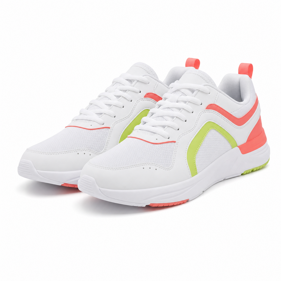 White sneakers with coral and lime accents