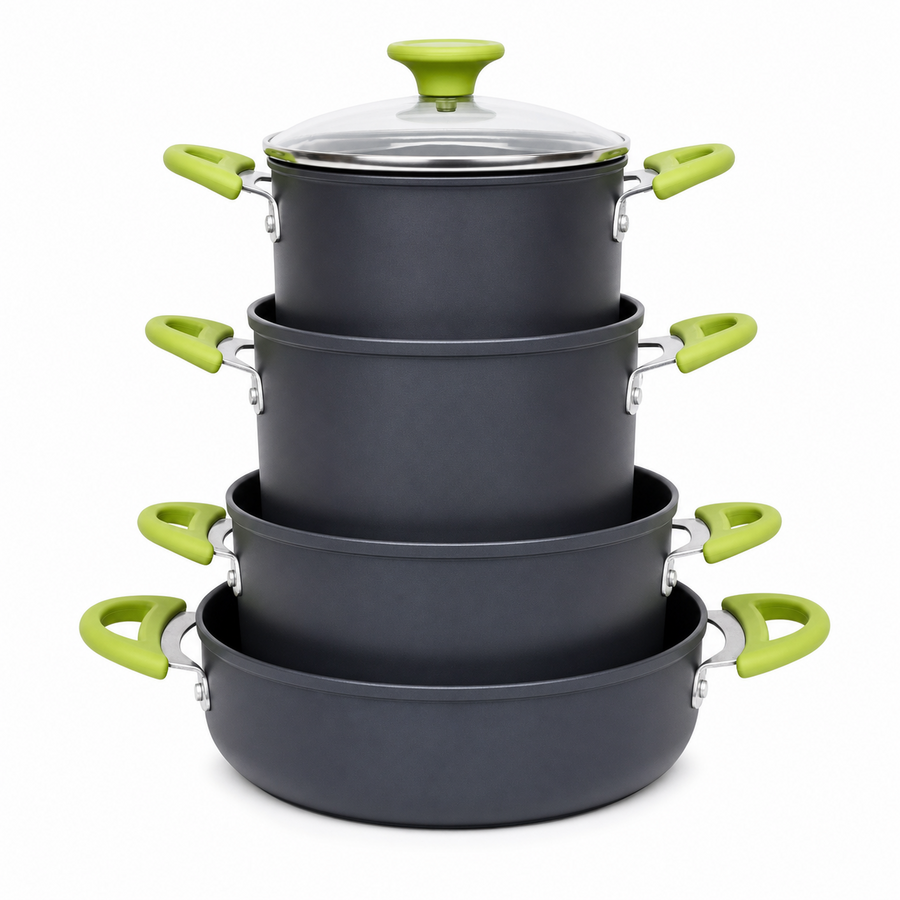 Cookware set with lime green handles